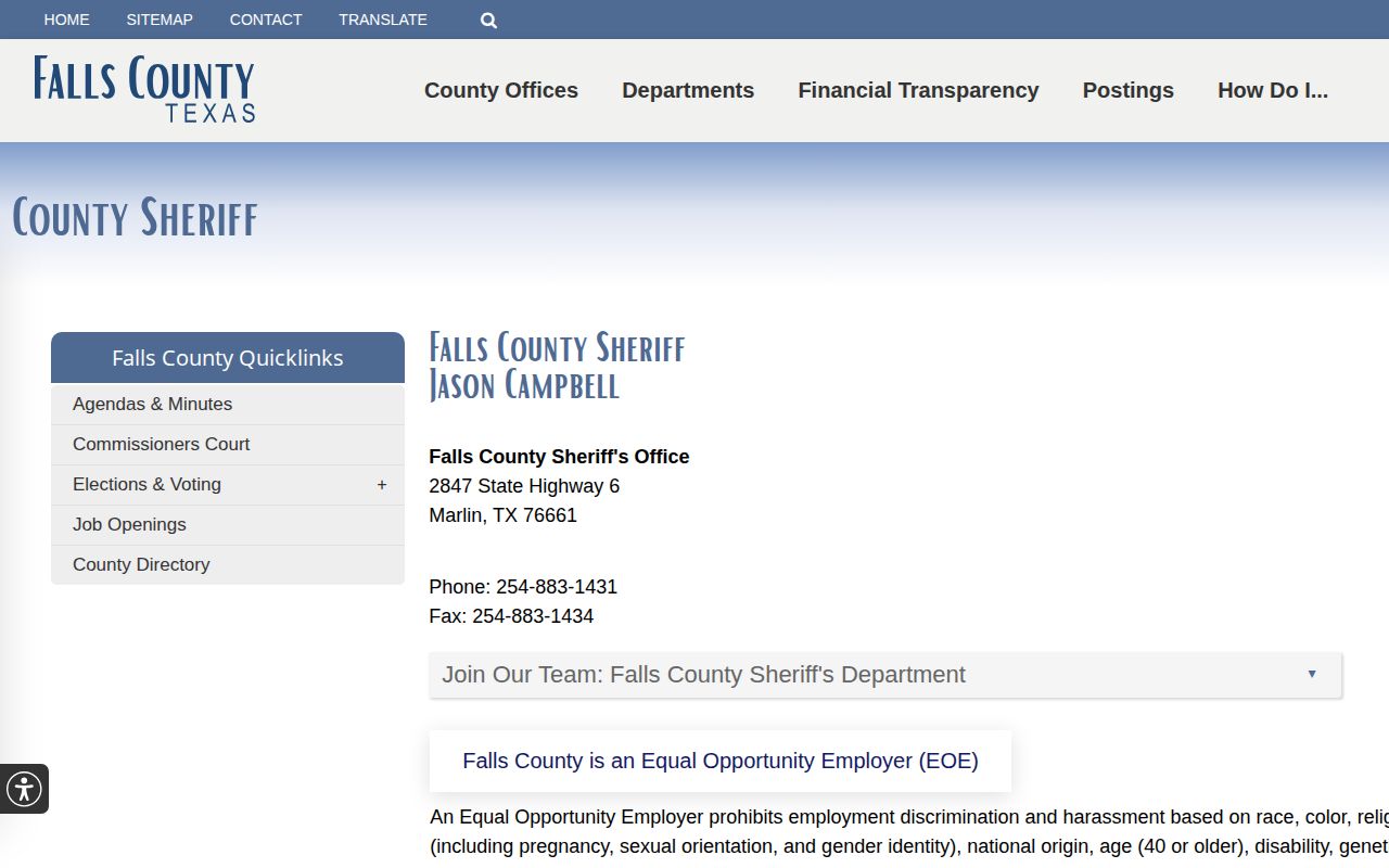 Falls County 72-hour release record contact on the official Sheriff page