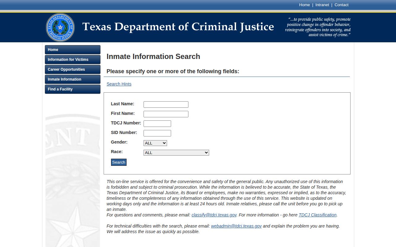 TDCJ offender search fields for Falls County released inmate records