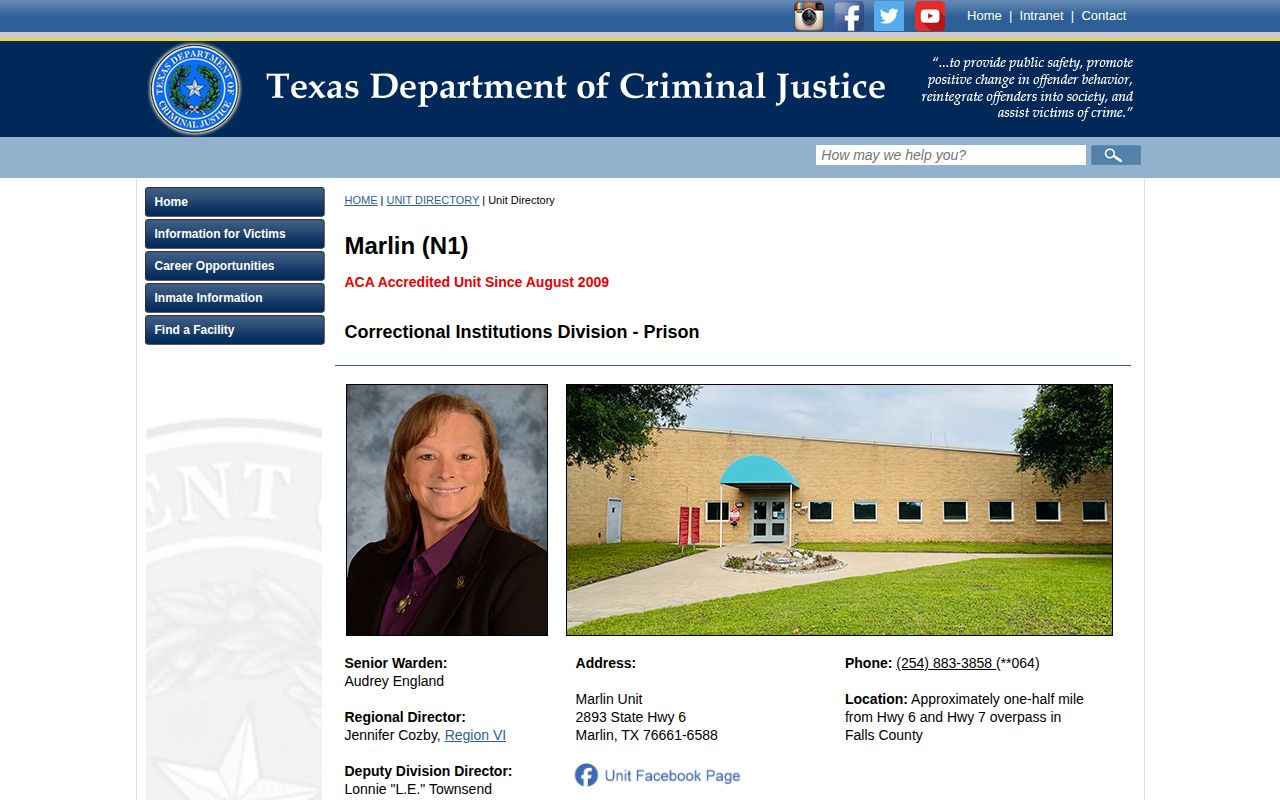 Marlin Unit release records official TDCJ facility directory