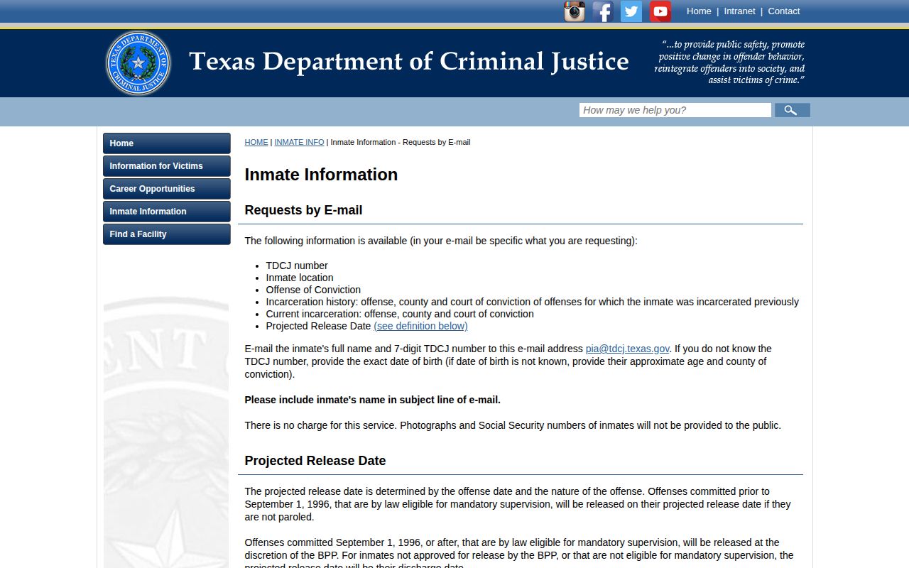 Falls County inmate projected release date definition from TDCJ