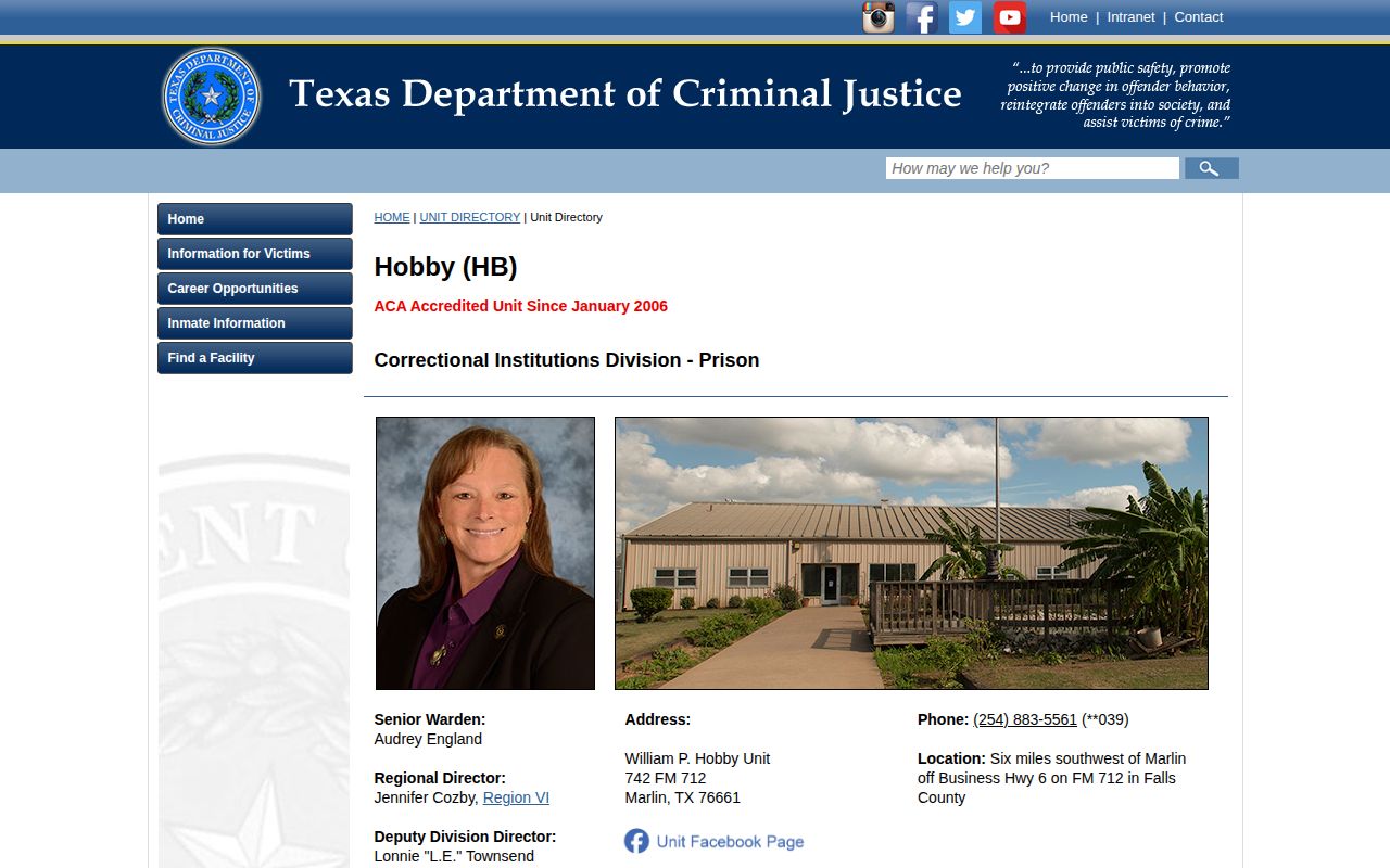 William P. Hobby Unit release records official TDCJ directory